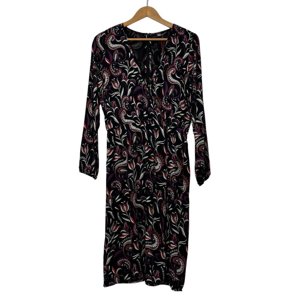 Didi Women’s Size Small Black Red Paisley Print V Neck Overlap Midi Dress New